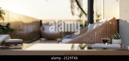A close-up of a coffee table features books, a coffee cup, and decorative plants on an apartment balcony. 3d render, 3d illustration Stock Photo