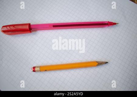 A pencil and red pen placed on a white grid paper sheet, symbolizing creativity, writing, and organization. This simple and versatile image is perfect for projects related to education, stationery, office supplies, and design. Ideal for use in advertisements, academic materials, and planning concepts Stock Photo