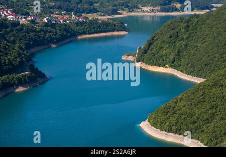 The famous Piva river canyon with its fantastic reservoir Piva Lake (Pivsko Jezero) summer view in Montenegro. Nature travel background. Stock Photo