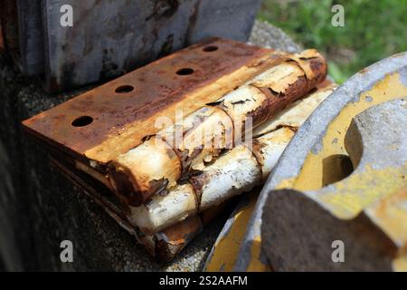 Close up of rusty old metal hinges Stock Photo