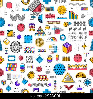 Geometric modern Memphis element shapes in seamless pattern, vector background. Memphis pattern of modern or retro Y2K geometric shapes and isometric elements or figures in minimal linear design Stock Vector