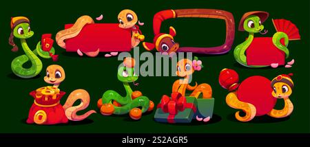Chinese lunar new year funny cartoon snakes with banners and decorations. Vector reptiles with red money envelopes, mandarin fruits, gold coins and festive props like gifts, fans, and frames for Cny Stock Vector