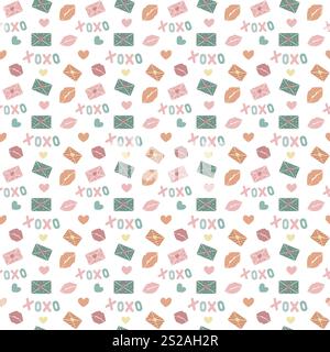 Seamless pattern with letters, hearts, lips and xoxo Stock Photo