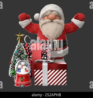 Festive 3D renderings of funny cartoon Santa Claus, Christmas gift boxes and a snow globe with a snowman inside. Ideal for holiday themed designs. 3D Stock Photo