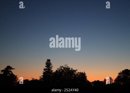 crescent moon high above trees as sunset paints sky pastels red orange blue Stock Photo