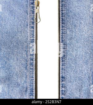 Denim zipper opened. Unzipped zipper or fastener. Open zip and denim fabric. Isolated on white background Stock Photo