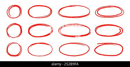 Hand drawn red highlight oval frame shape set. Doodle crayon pencil, marker brush stroke oval underline element pack. Hand drawn pencil stroke sketch marker vector illustration Stock Vector