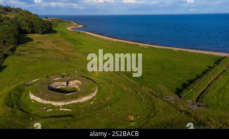 Aerial view of Carn Liath Broch near Golspie in Sutherland, Scotland ...