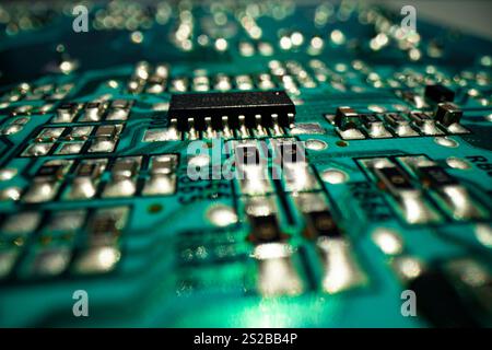 Electronic technology digital chip. Tech background. Technology background. High tech electronic circuit board background. Close-up macro electronic Stock Photo