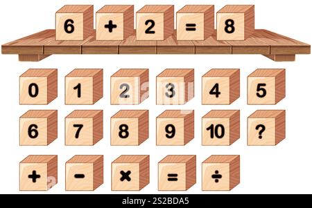 Wooden blocks with numbers and math symbols Stock Vector