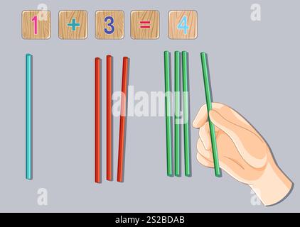 Illustration of basic addition using colored sticks Stock Vector