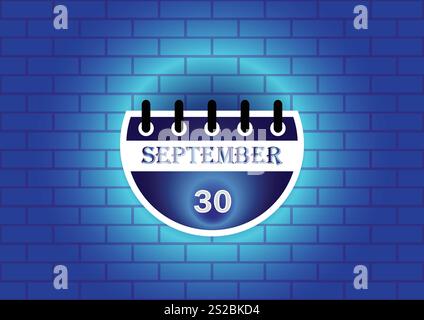 A stylized calendar page showing September 30th. The design features a circular calendar against a blue brick wall, highlighted with a soft glow. Stock Vector