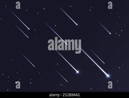 Night sky with shooting stars vector background. Space comets and meteors falling with light trails and sparkles. Realistic 3d shooting stars or meteor shower on dark night sky, starry galaxy backdrop Stock Vector