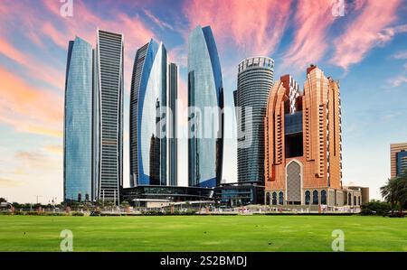 Abu Dhabi Skyline at sunset, United Arab Emirates Stock Photo