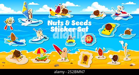 Cartoon nut and legume characters on summer beach, stickers pack. Vector brazil, almond, coconut and pumpkin or sunflower seeds. Walnut, kidney and hazelnut, macadamia, coffee grain, pecan and peanut Stock Vector