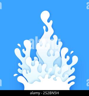 Paper cut milk splash with wave flow for dairy product package, vector background. Fresh milk splash of spill and pour with drops explosion in paper cut layers, milky flow on blue background Stock Vector