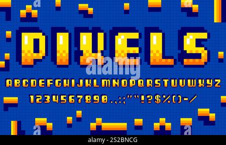 Retro pixel font, arcade game typeface, 8 bit pixel art type, binary alphabet, signs and numbers, evokes nostalgia from classic video games. Vector pixelated Abc uppercase characters in retro style Stock Vector