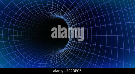 Wireframe tunnel featuring glowing blue grid curves into a dark center evokes themes of futuristic technology and innovation. Vector background with hole and mesh cerates a sense of movement and depth Stock Vector