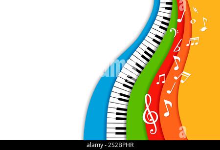 Paper cut piano music background for concert invitation or classic musical festival performance promo, featuring vibrant 3d vector papercut layered waves, musical notes, treble clef and piano keys Stock Vector