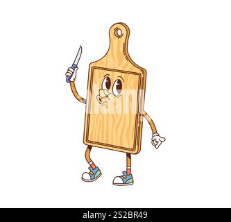 Groovy cutting board retro character for kitchenware utensil, cartoon vector. Funny groovy wooden board with knife for chopping, happy face and funky whistling for kitchenware utensil character Stock Vector