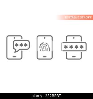 Phone password, pin unlock line icon set. Code smartphone unlocking, fingerprint login vector. Stock Vector