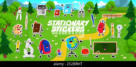 Stickers pack of funny education stationery characters on meadow landscape, vector set. School education stationery and student supplies characters of chalkboard with book, ruler and calculator Stock Vector