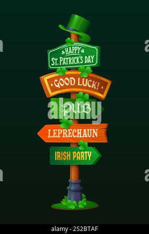 Saint Patrick day wooden sign board for Irish holiday celebration signage, vector signboard. St Patrick day sign board with arrow directions to leprechauns and Irish party pub with good luck quote Stock Vector