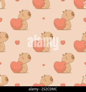Seamless romantic pattern. Cute happy cartoon capybara with big heart on beige background. Vector illustration. Ornament template valentine Stock Vector