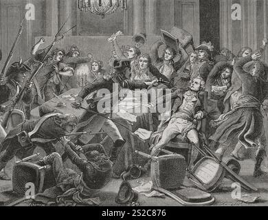 Maximilien Robespierre (1758-1794). French writer, lawyer and politician. Arrest of Robespierre and his followers gathered at the Hôtel-de-Ville in Paris on 9 Thermidor Year II (27 July 1794). Engraving by J. Ladmiral. History. Stock Photo