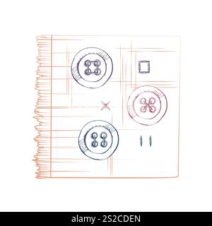 Fabric piece with buttons, seams. Hand drawn ink vector illustration sewing craft embroidery supplies. Composition isolated on white background Stock Vector