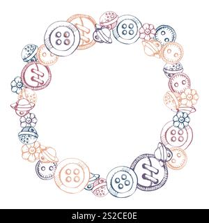 Wooden round plastic buttons for clothes, sewing craft supplies for decoration. Hand drawn ink vector illustration. Isolated wreath frame. Design Stock Vector