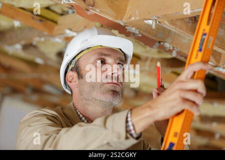 male construction worker using level Stock Photo