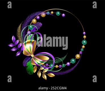 Round Mardi Gras frame with gold, brocade, shiny bow, decorated with green, yellow, purple fluffy feathers with textured beads on black background. Ma Stock Vector