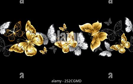 Long border of gold, shiny, jewelry and artistically drawn white butterflies on black background. Design with gold butterflies. Stock Vector