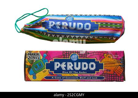 vintage Perudo game dice of the Andes by Parker a game of guesswork, bluff and luck isolated on white background - aka Liar's Dice, Bluff or Dudo Stock Photo