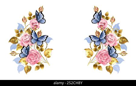 Symmetrical floral frame of artistically drawn pink roses, powder shade with gold jewelry and silhouette blue leaves on white background. Floral desig Stock Vector