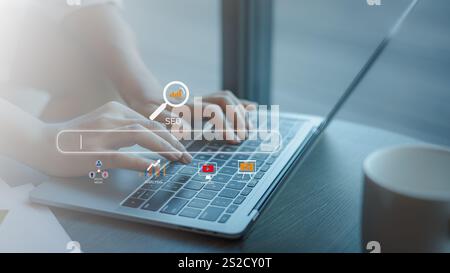 SEO, Marketing planning, Businessman search on virtual screen data search technology search engine optimization, Businessman use search engine to sear Stock Photo