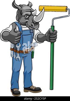 Rhino Painter Decorator Paint Roller Mascot Man Stock Vector