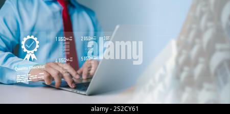 Checklist and clipboard task documentation management, Online survey online exam choosing the right answer in the exam, Business people working laptop Stock Photo