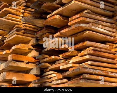 wooden boards Lumber construction site background Stock Photo