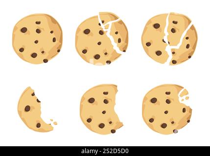 Traditional cookies with chocolate crisps. Bitten, broken, cookie crumbs. Freshly baked choco cookie icon set. Vector Stock Vector