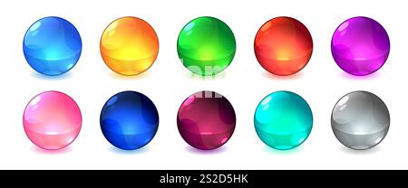 Color marbles. Shiny glossy game asset, multicolored glass balls, transparent colored spheres, cartoon 3d toys, multicolored bubbles shots items Stock Vector