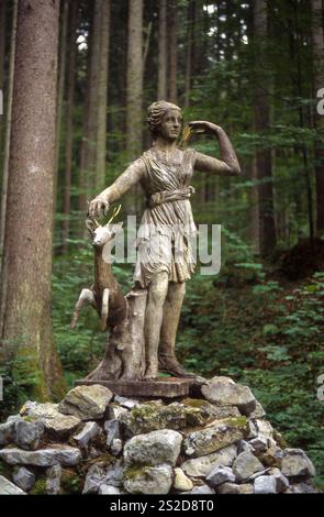 Slovenia, statue of Diana the Huntress in the forest around Sneznik. Diana, a goddess in Roman and Hellenistic religion, patroness of the countryside Stock Photo