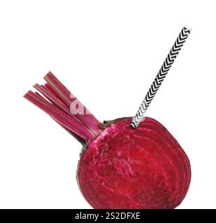Drinking straw sticking out of fresh beetroot on white background. Freshly made juice or smoothie concept Stock Photo
