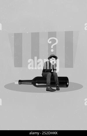 Vertical collage of sad depressed guy sitting glass alcohol empty bottle questioned dont know what do without drink isolated on green background Stock Photo