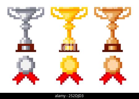 Pixel award. Golden goblet. Silver and bronze cups. 8 bit sprite. Winners medals. Retro video game assets. Mobile app reward. Victory trophy. Best gam Stock Vector