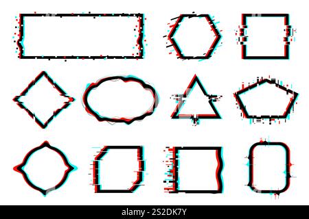 Glitch effect frames. Different shapes distorted borders. Trendy visual noises. Modern abstract forms. Geometric forms. Cyber dynamic distortion. Squa Stock Vector