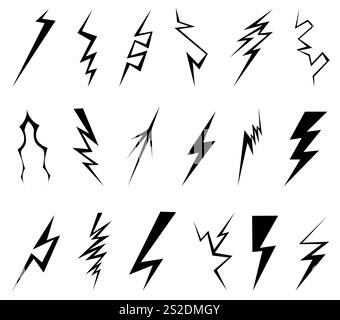 Black lightning bolt icons. Simple thunderbolt symbols. Electric strikes. Different zigzag shapes. Energy charge. Various designs flashes. Thunderstor Stock Vector