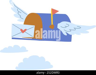 Flying mailbox with wings delivering love letter in the sky. Stock Vector