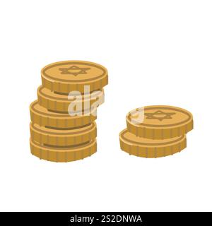 Stacked and side-by-side gold coins with star symbol on white background. Stock Vector